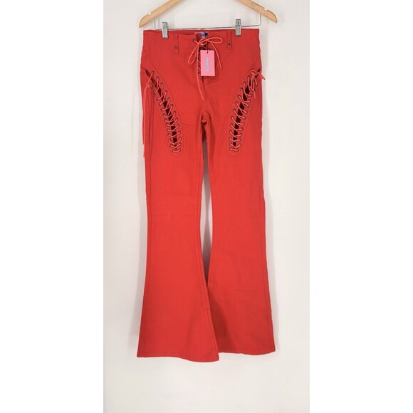 Edikted Red Lace Up Flare Pants Women’s Size M High Waist Corset Style Y2K - Picture 3 of 11